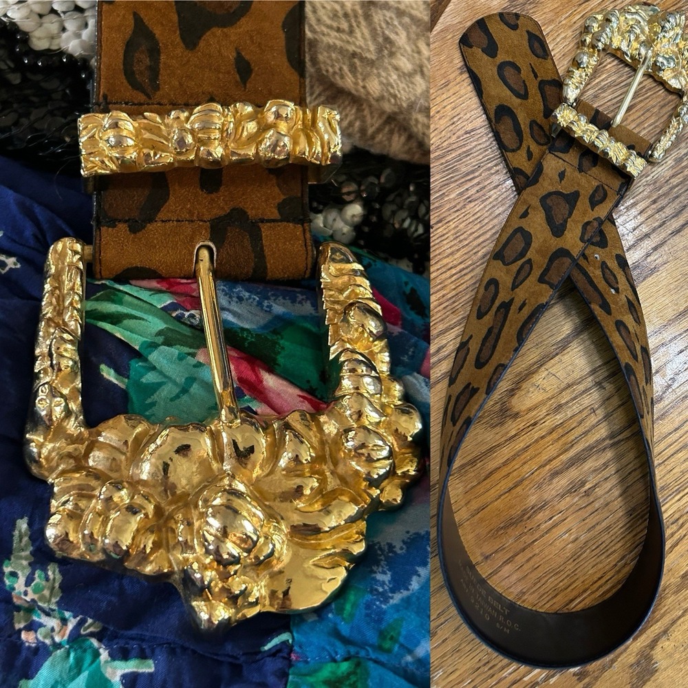 Julius Resnick 80s Suede Leopard Print Chundy Wide Belt Gold Tone Nugget ArtDeco